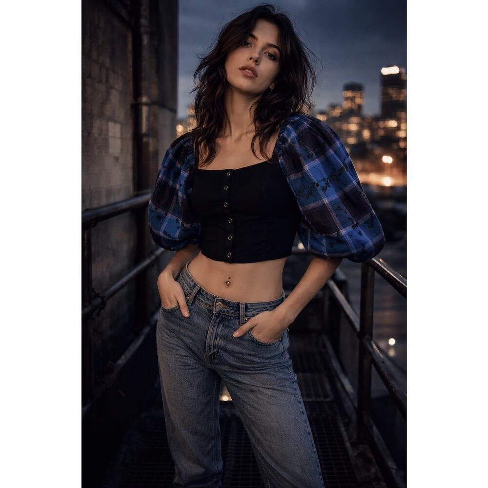 UO Belmont Plaid Puff Sleeve Crop Top Sz XS Soft Grunge Y2K Indie Sleaze School